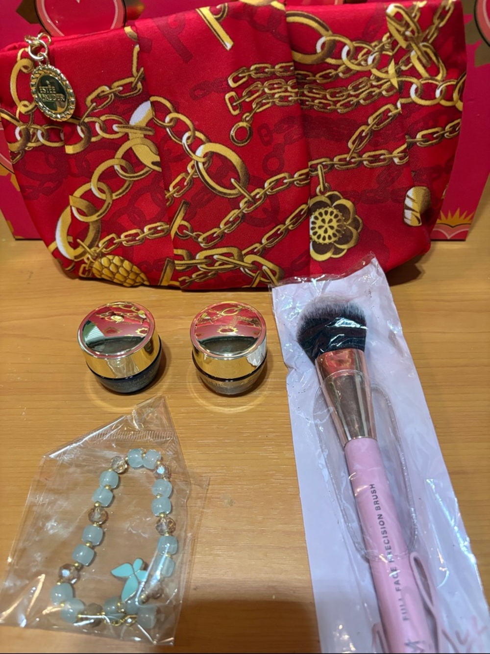 Estee Lauder Red Chain-Print Cosmetic Pouch with Pink Makeup Brush